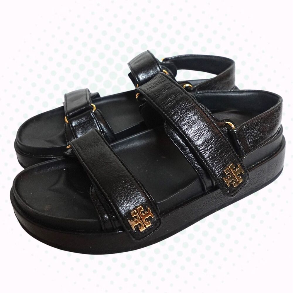 Tory Burch Black Kira Sport Strappy Sandal Gold Logo Size US 9 (w/ OG Box)